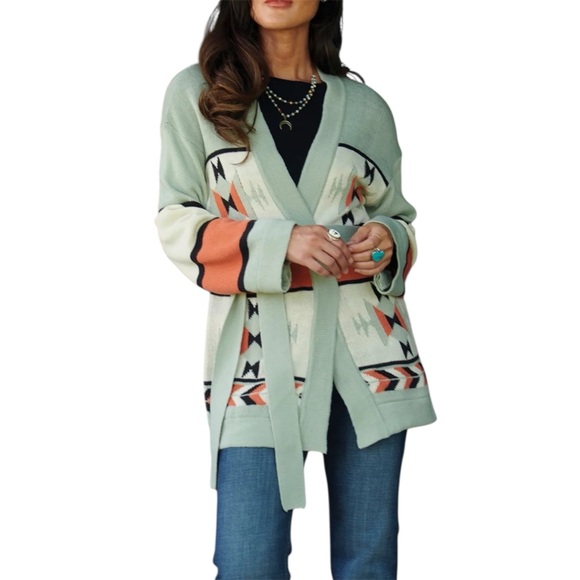 Wrangler Retro Aztec Print Southwestern Belted Open Cardigan Size L - Picture 2 of 10